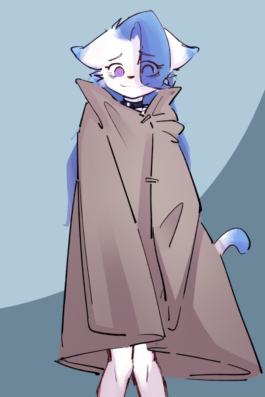 anthro blue_hair cape clothing collar femboy fur hair male purple_eyes solo white_body white_fur ds0ivi0 stiria felid feline humanoid mammal 2:3 absurd_res hi_res