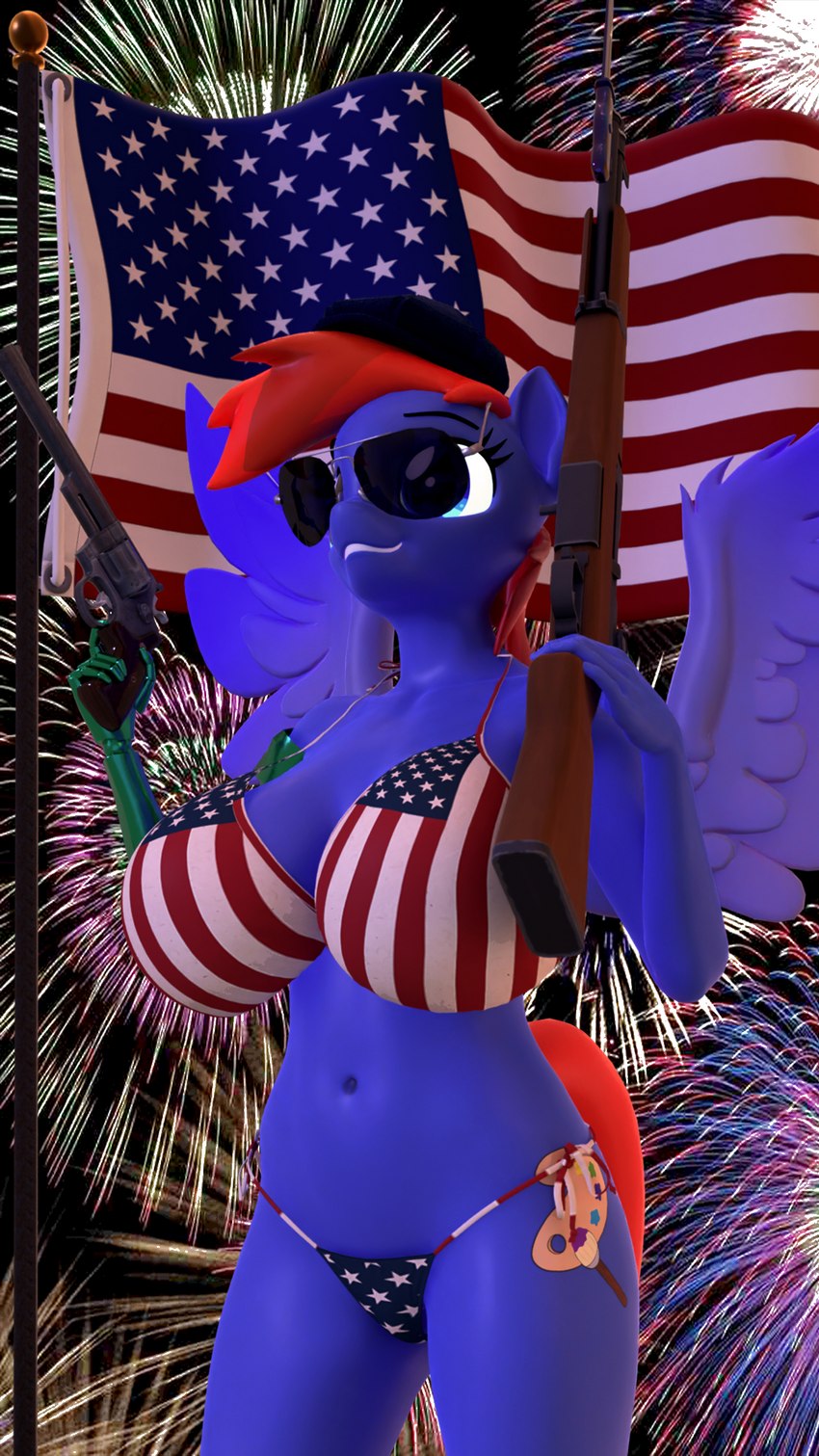 american_flag american_flag_bikini anthro big_breasts bikini breasts clothing cutie_mark eyewear female flag_bikini flagpole glowing glowing_eyes gun handgun navel prosthetic prosthetic_limb ranged_weapon revolver smile smirk solo spread_wings sunglasses swimwear tail two-piece_swimsuit united_states_of_america weapon wide_hips wings kamimation hasbro my_little_pony mythology fan_character equid equine mammal mythological_creature mythological_equine pegasus 3d_(artwork) 9:16 blender_(artwork) digital_media_(artwork) hi_res