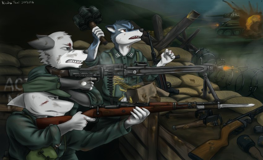 5_fingers angry anthro blue_body blue_fur clothed clothing detailed_background explosion explosives fingers frown fully_clothed fur germany grenade grey_body grey_fur group gun hat headgear headwear kar98k karabiner_98_kurz karbiner_98k looking_aside machine_gun male mg_42 military military_cap military_clothing military_hat military_uniform military_vehicle mp_40 nazi ppsh-41 ranged_weapon sandbag side_view snout soldier submachine_gun t-34_(tank) tank trench uniform vehicle warrior weapon world_war_2 krahs_tsai canid canine canis fish mammal marine shark wolf absurd_res hi_res