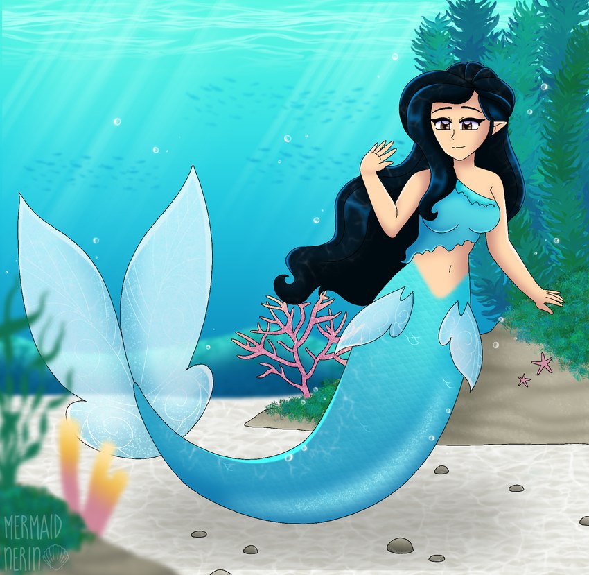 alternate_species clothing crop_top female fin hair long_hair pointy_ears shirt solo split_form topwear underwater water mermaidnerin disney_fairies silvermist humanoid marine merfolk hi_res