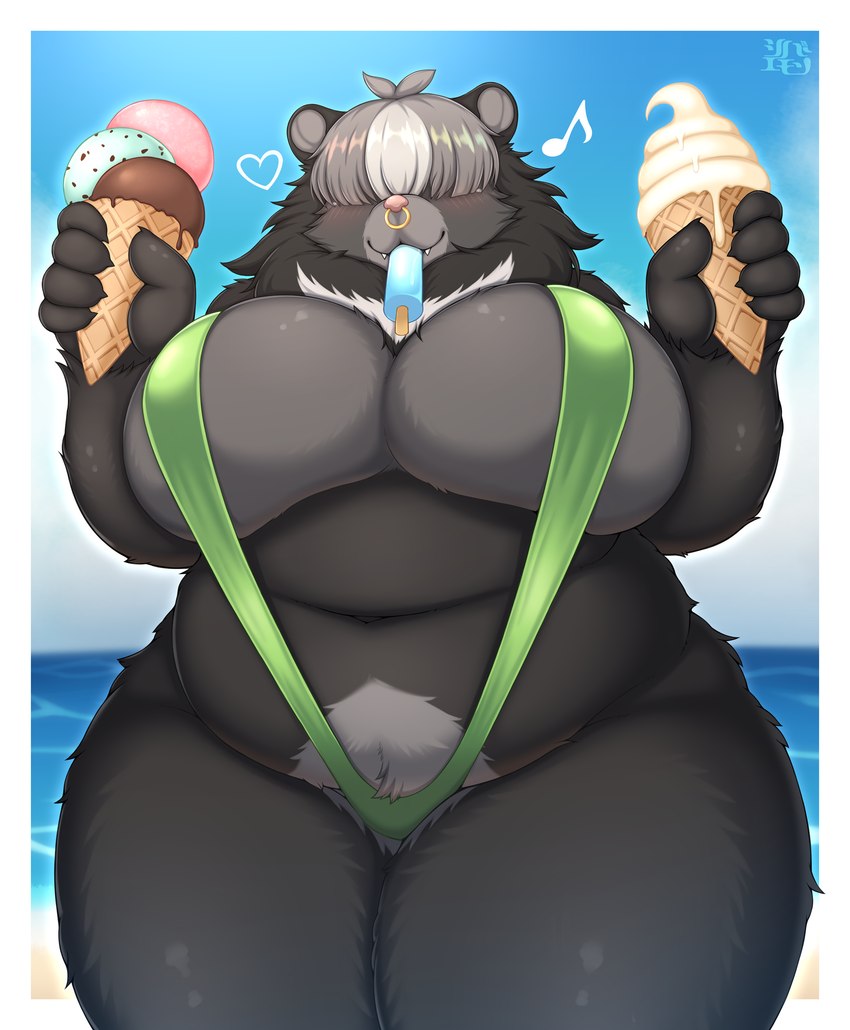 5_fingers :3 ahoge anthro beach belly big_breasts bikini biped black_body black_claws black_ears black_fur black_hair blush border breasts bulging_breasts cheek_tuft claws cleavage clothed clothing cloud crotch_tuft curvy_figure cute_fangs day deep_navel dessert detailed_background eating eating_food facial_piercing facial_tuft fangs female female_anthro finger_claws fingers fluffy food front_view fur glistening glistening_body glistening_breasts glistening_fur glistening_hair green_clothing green_swimwear grey_body grey_breasts grey_fur grey_hair grey_inner_ear hair hair_over_eyes heart_symbol holding_food holding_ice_cream holding_ice_cream_cone holding_object huge_breasts huge_hips huge_thighs humanoid_hands ice_cream ice_cream_cone kemono mane mane_hair markings midriff mouth_hold multi_hair_tones multicolored_body multicolored_fur multicolored_hair musical_note musical_symbol navel neck_tuft nose_piercing nose_ring one-piece_swimsuit outline_heart outside outside_border overweight overweight_anthro overweight_female piercing pink_nose popsicle popsicle_in_mouth ring_piercing sand sea seaside sky sling_bikini snaggle_tooth solo standing swimwear symbol teeth thick_thighs tuft two-piece_swimsuit voluptuous water white_body white_border white_fur white_hair white_markings wide_hips shibaemonxsk bear black_bear mammal moon_bear ursine 2023 colored digital_media_(artwork) hi_res portrait shaded signature three-quarter_portrait