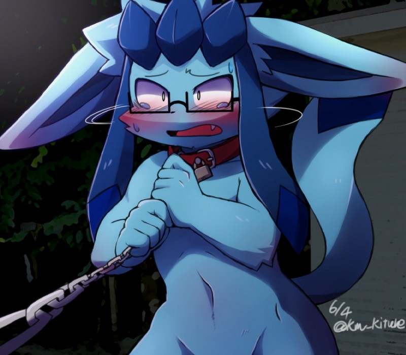 ambiguous_gender anthro anthrofied bdsm blush bodily_fluids bondage bound chain collar eyewear glasses leash navel nude petplay pokemorph roleplay solo struggling sweat tears km_kitune nintendo pokemon eeveelution generation_4_pokemon glaceon pokemon_(species)