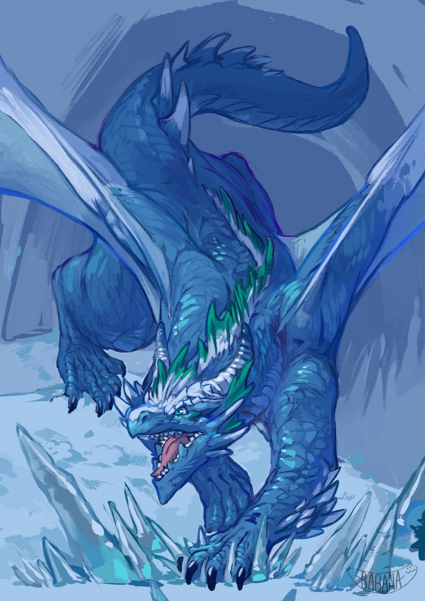 black_claws blue_body blue_eyes blue_scales cave claws facial_spikes feral frill_(anatomy) head_crest head_frill ice ice_cave looking_forward male membrane_(anatomy) membranous_wings open_mouth scales snow solo spikes spikes_(anatomy) spread_wings tail tail_ridge teeth tongue wings babanasaur mythology xa'rzithtern'ock_(heatseekerdiin) dragon mythological_creature mythological_scalie scalie 2022 digital_media_(artwork) hi_res signature