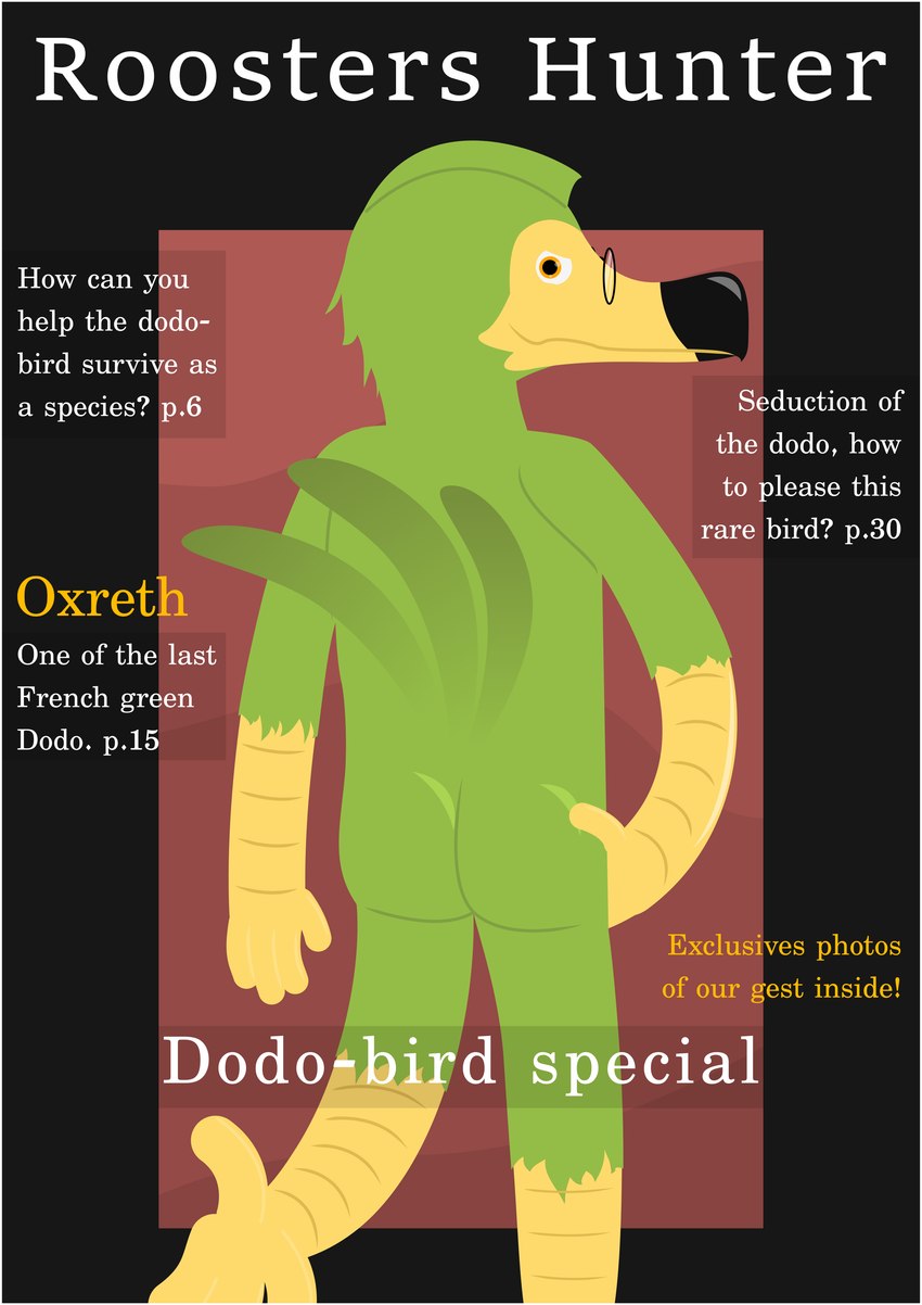 ambiguous_gender anthro beak border butt eyewear feet glasses green_body green_tail magazine rear_view smug smug_face solo tail talons text toes white_border yellow_beak yellow_eyes yellow_talons oxreth avian bird columbid dodo recently_extinct_species absurd_res cover english_text hi_res magazine_cover