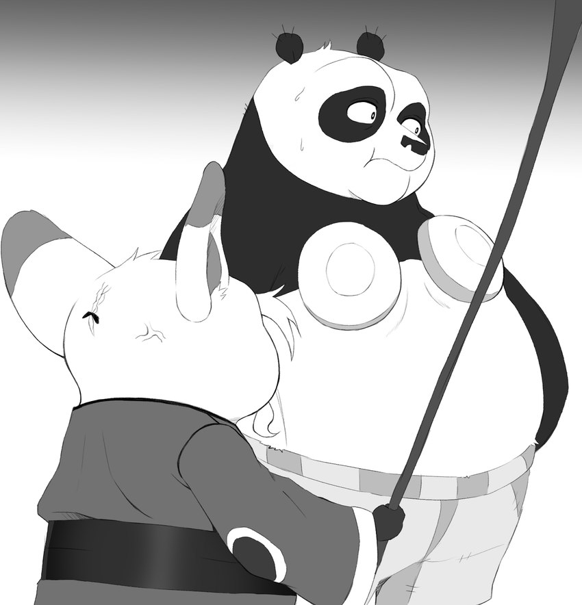 angry anthro asian_clothing belly bodily_fluids bottomwear clothing cross-popping_vein duo east_asian_clothing humor japanese_clothing kimono male nervous overweight shorts sweat hypnokoo dreamworks kung_fu_panda master_po_ping master_shifu ailurid bear giant_panda mammal red_panda hi_res monochrome