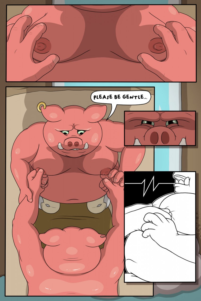 anthro belly big_belly dialogue group male moobs navel nipples overweight overweight_male text shori_d nintendo skyward_sword the_legend_of_zelda blin_(tloz) mammal moblin shield_moblin suine 2022 comic english_text hi_res