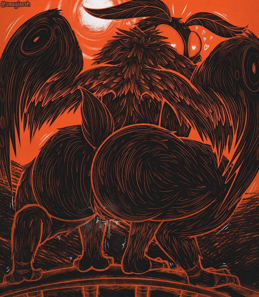 antennae_(anatomy) big_butt big_eyes black_and_orange bodily_fluids butt female genital_fluids heart_eyes heart_symbol neck_tuft orange_monochrome solo sun tail thick_thighs tuft vaginal_fluids wide_hips wings smagloosh mothman arthropod insect lepidopteran moth hi_res