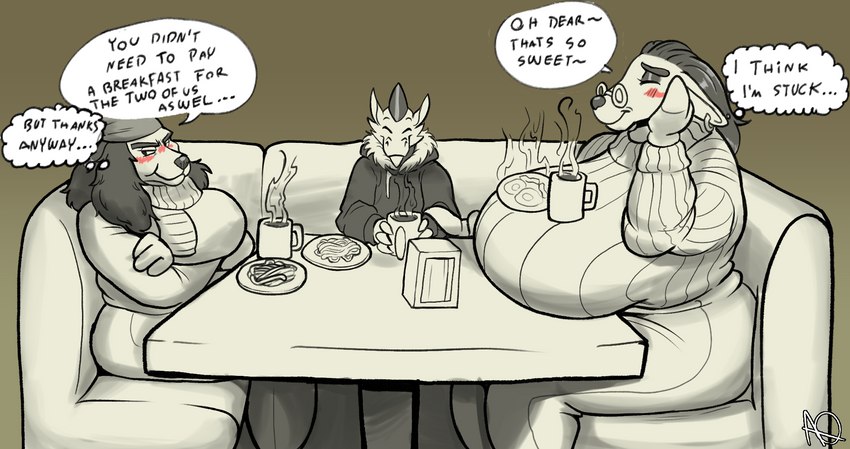 anthro big_breasts breasts dialogue elderly_female female food group huge_breasts hyper male male/female obese overweight overweight_female speech_bubble text trio alfa_quinto_(artist) beware_the_shadowcatcher mythology zed_technician_games alfa_quinto_(character) maude_(bts) sam_(bts) bovid canid canine canis caprine domestic_dog dragon mammal mythological_creature mythological_scalie scalie sheep english_text hi_res