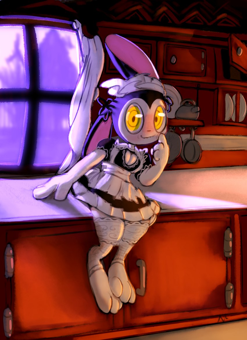 clothing maid_uniform sitting uniform moon-watcher obakeidoro! guri_(obakeidoro!) lagomorph leporid mammal rabbit absurd_res hi_res