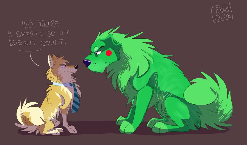 alternate_species alternate_universe ambiguous_gender cheek_spots dialogue duo eye_contact feral feralized floppy_ears fluffy fluffy_tail fur furrification green_body green_fur looking_at_another necktie pointy_ears prick_ears shirt_collar sitting size_difference speech_bubble tail text yellow_body yellow_fur rainiechi mob_psycho_100 one_(manga) dimple_(mob_psycho_100) reigen_arataka canid canine canis domestic_dog mammal absurd_res english_text hi_res