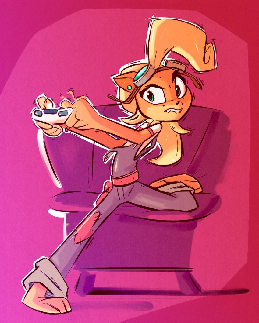 3_toes anthro barefoot blonde_hair chair clothing controller ear_piercing eyewear eyewear_on_head feet female furniture game_controller goggles goggles_on_head hair long_hair piercing plantigrade solo teeth toes fluttershythekind activision crash_bandicoot_(series) coco_bandicoot bandicoot mammal marsupial 2022 hi_res