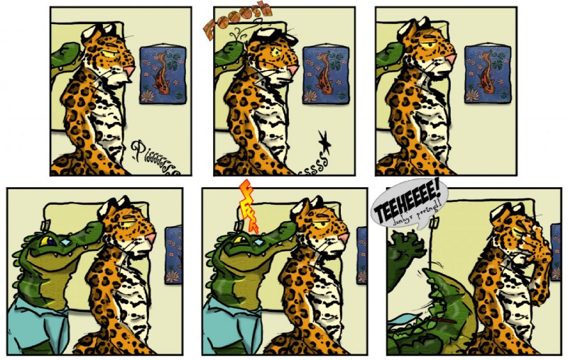 anthro bodily_fluids duo genital_fluids male peeing side_view silly tail urine jesie janks jesie_(character) alligator alligatorid crocodilian felid jaguar mammal pantherine reptile scalie comic digital_media_(artwork) half-length_portrait portrait