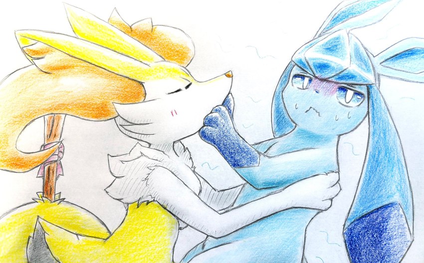 ambiguous_gender anthro blue_body blue_eyes blush blush_lines bodily_fluids duo eyes_closed feral fur hug inner_ear_fluff orange_body orange_fur paws pushing_away simple_background stick sweat tuft white_body white_fur yellow_body yellow_fur eiroru nintendo pokemon braixen canid canine eeveelution generation_4_pokemon generation_6_pokemon glaceon mammal pokemon_(species) 2024 graphite_(artwork) hi_res traditional_media_(artwork)