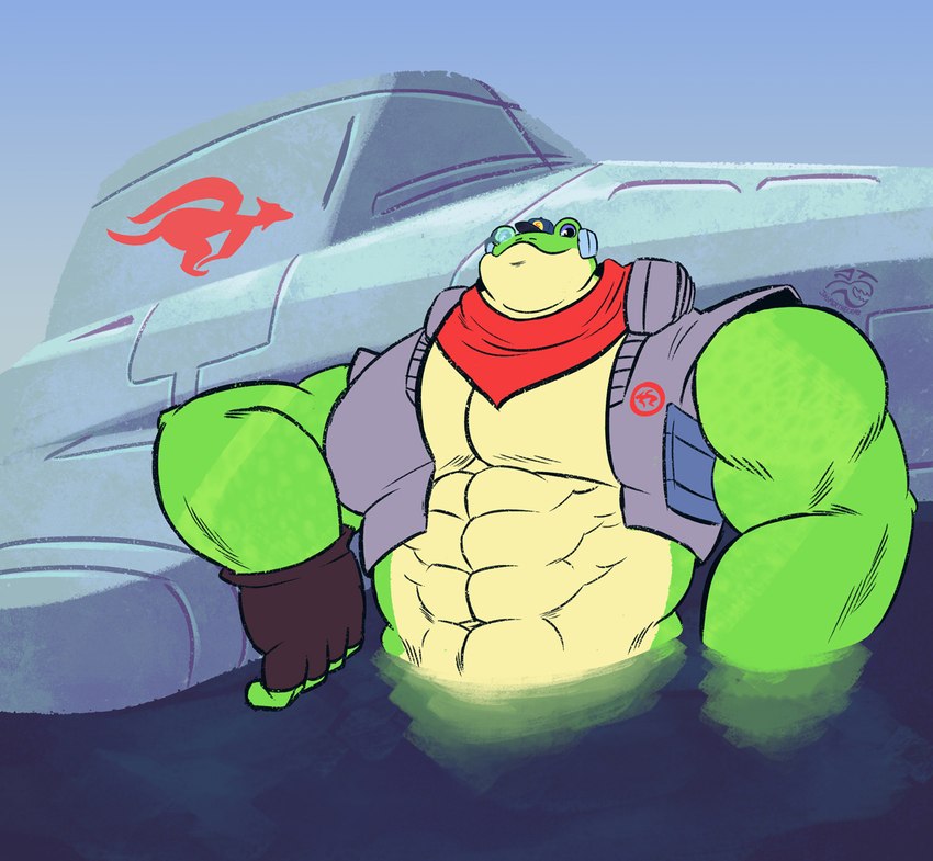 blue_cap clothing fingerless_gloves gloves green_body green_skin handwear hat headgear headwear male muscular muscular_male partially_submerged red_scarf scarf sleeveless sleeveless_vest solo submarine vehicle water watercraft jasperthecrab nintendo star_fox slippy_toad amphibian frog