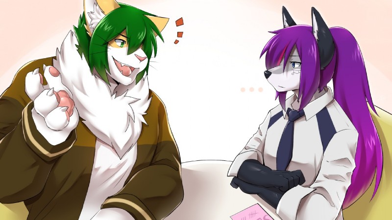 anthro clothing countershading crossgender duo ftm_crossgender fur green_hair hair kemono male purple_hair sollyz sundyz syrth canid canine domestic_cat felid feline felis mammal 16:9 2016 widescreen