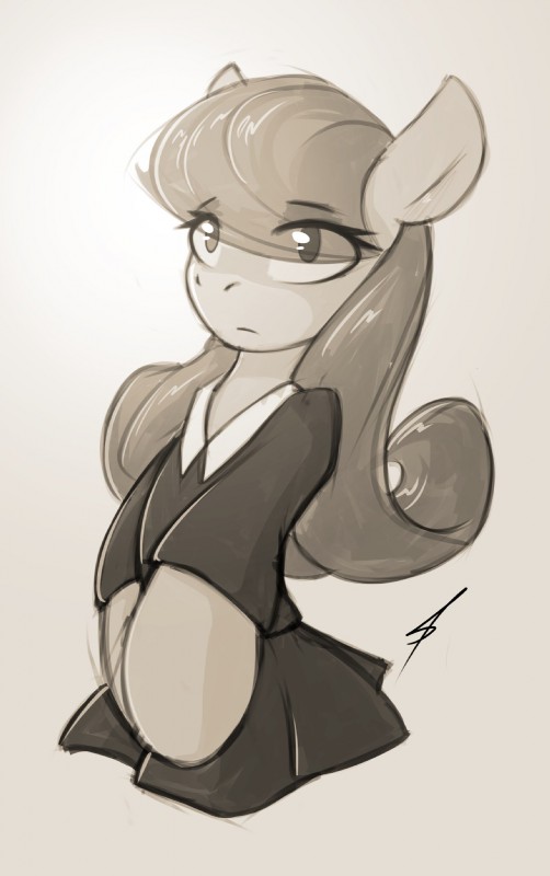 clothed clothing female feral hooves simple_background solo standing white_background queenbloodysky hasbro my_little_pony fan_character equid mammal greyscale hi_res monochrome sepia