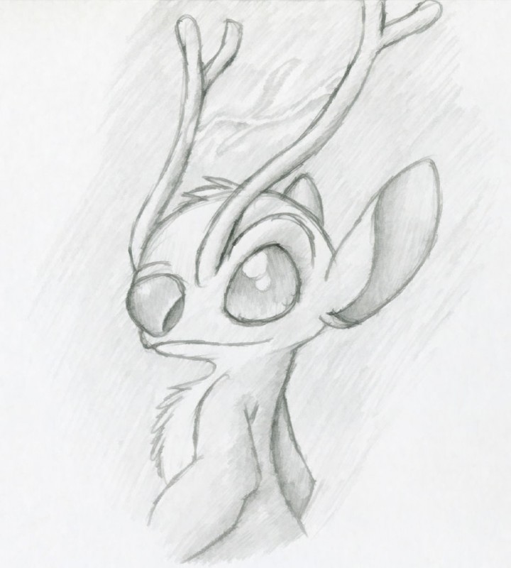 antennae_(anatomy) chest_tuft electricity head_tuft head_turn simple_background solo tuft petrock disney lilo_and_stitch sparky_(lilo_and_stitch) alien experiment_(lilo_and_stitch) 2008 greyscale monochrome traditional_media_(artwork)