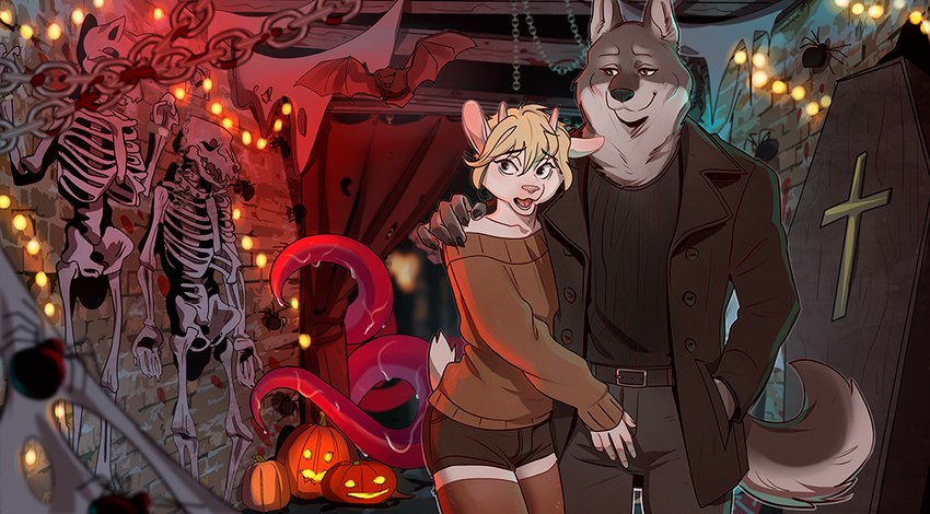 amusement_park anthro bone duo fair femboy game_cg haunted_house holidays male male/male romantic romantic_couple skeleton tentacles chaki_chaki furlough_games furry_shades_of_gay halloween blake_(furlough_games) percy_(furlough_games) bovid canid canine canis caprine goat mammal wolf promotional_material