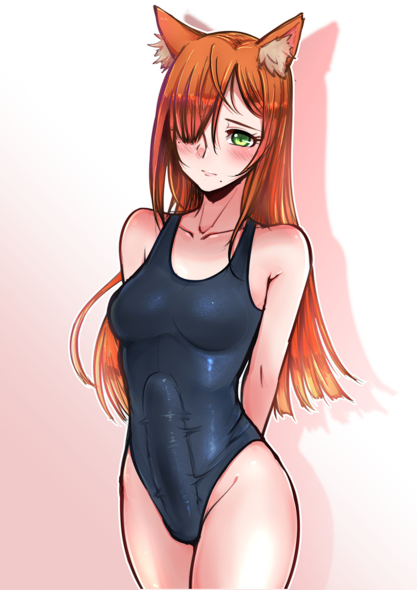 blush breasts bulge cleavage clothed clothing detailed_bulge erection erection_under_clothing genital_outline green_eyes gynomorph hair intersex looking_at_viewer one-piece_swimsuit orange_hair penis_outline solo swimwear lightingsaber animal_humanoid canid canid_humanoid canine canine_humanoid fox_humanoid humanoid mammal mammal_humanoid absurd_res hi_res