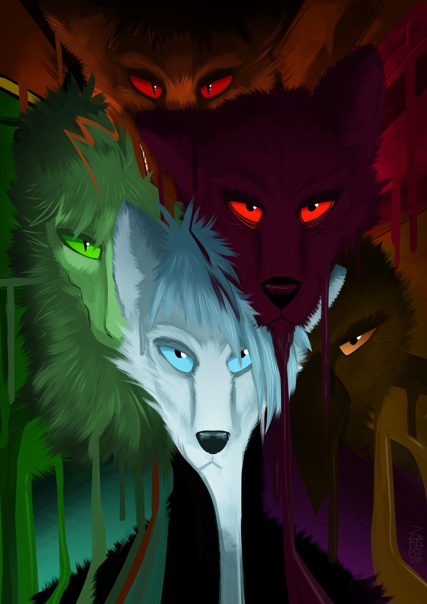 abstract_art anthro bared_teeth beak black_body black_fur black_nose blue_eyes brown_body brown_fur female fur glowing glowing_eyes green_eyes group looking_at_viewer male mane melting orange_eyes red_eyes teeth teeth_showing white_body white_fur yellow_eyes zeptophidia disco_elysium carthan_night esprit_de_corps_(disco_elysium) kim_(carthan) vel_(carthan) avian bird canid canine canis chimera corvid corvus_(genus) fox hyena mammal oscine passerine raven wolf digital_media_(artwork) digital_painting_(artwork) hi_res painting_(artwork)