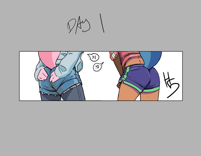 anthro bottomwear butt butt_shot clothed clothing denim denim_bottomwear denim_clothing denim_shorts duo faceless_character faceless_female female hotpants rear_view shorts high5art brand_new_animal studio_trigger michiru_kagemori nazuna_hiwatashi mammal 2024 absurd_res hi_res