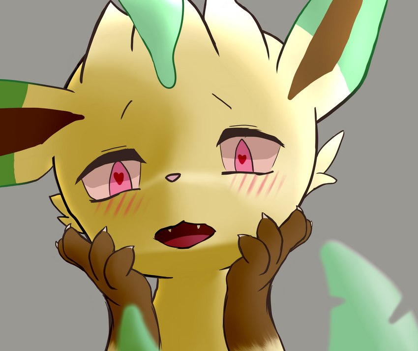 ambiguous_gender blush feral grey_background heart_eyes heart_symbol looking_at_viewer open_mouth pink_eyes sharp_teeth simple_background solo teeth yellow_body sword-dance nintendo pokemon yandere_trance eeveelution generation_4_pokemon leafeon pokemon_(species) hi_res icon