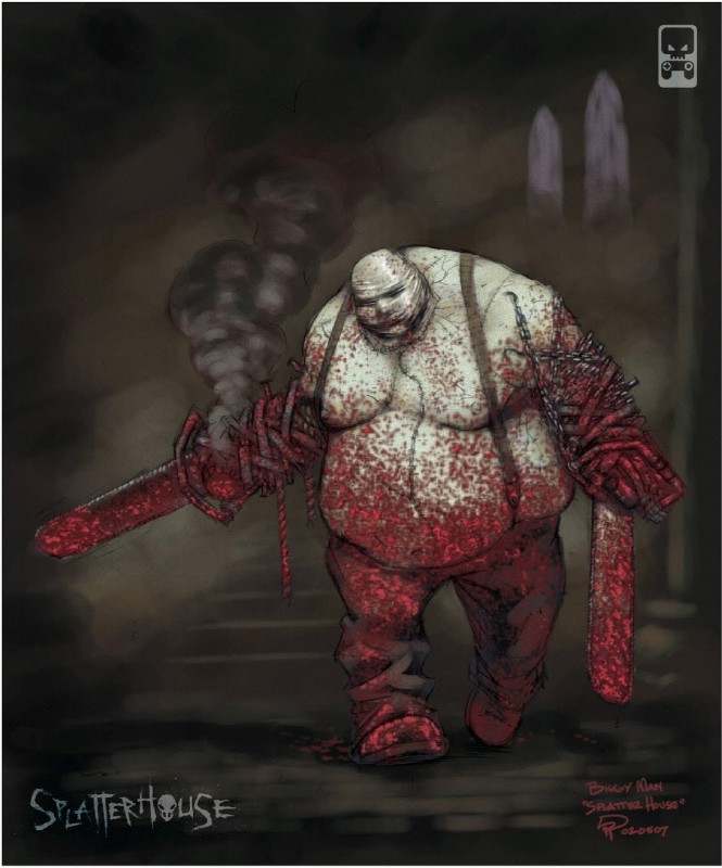 blood bodily_fluids chainsaw male overweight overweight_humanoid overweight_male power_tool scar solo text tools roger_robinson splatterhouse biggy_man humanoid monster monstrous_humanoid english_text hi_res