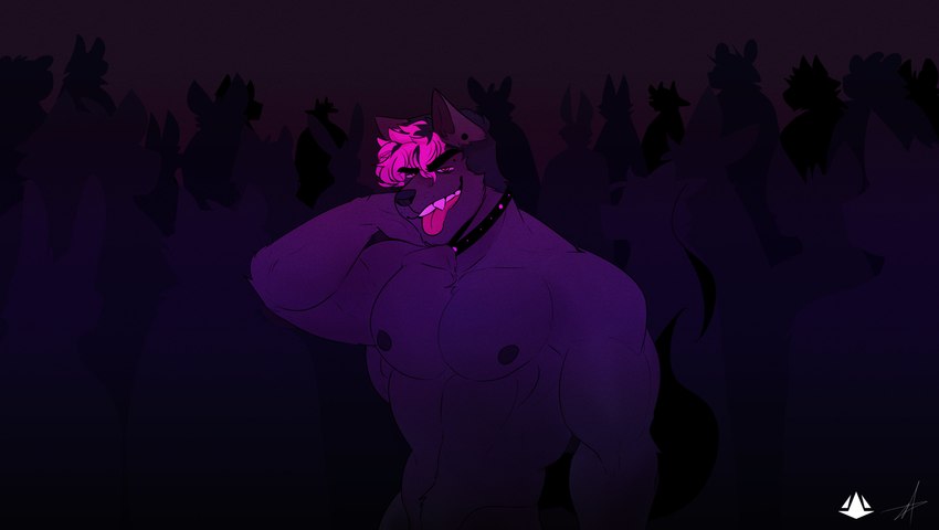 anthro barazoku black_collar black_hair black_nose collar fur hair male multicolored_hair muscular muscular_anthro muscular_male pink_hair pink_teeth purple_body purple_fur purple_tongue smile solo_focus teeth tongue tongue_out two_tone_hair melaisen background_character canid canine canis domestic_dog mammal 2021 absurd_res digital_media_(artwork) hi_res purple_theme