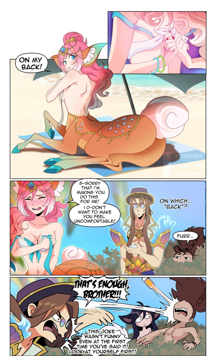 angry beach black_text blue_hooves blush breasts butt clothed clothing collarbone eyes_closed female hair hat headgear headwear hooves pink_hair sand seaside teeth text tongue topwear tossing undressing water odeko-yma league_of_legends riot_games tencent ahri_(lol) lillia_(lol) yasuo_(lol) yone_(lol) deer deer_taur humanoid_taur mammal mammal_taur taur absurd_res comic hi_res brother_(lore) brothers_(lore) sibling_(lore)