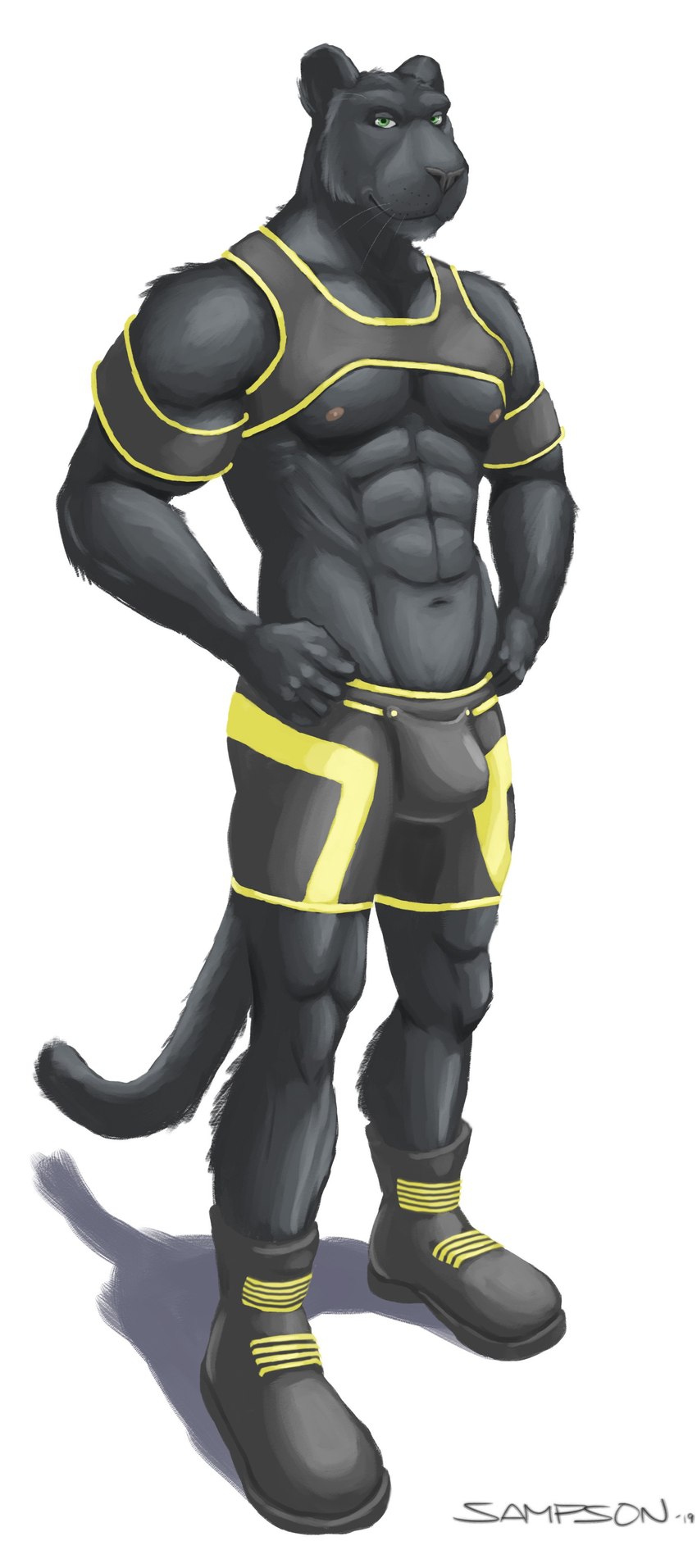 5_fingers abs anthro arm_strap bedroom_eyes black_body black_fur black_nose boots bottomwear bulge cheek_tuft chest_harness clothing facial_tuft fingers footwear fur green_eyes half-closed_eyes hands_on_hips harness looking_at_viewer male muscular muscular_anthro muscular_male narrowed_eyes navel neoprene nipples pecs pink_nipples pose rubber_clothing seductive serratus shoes shorts simple_background smile solo standing tail tight_clothing tuft whiskers white_background sampsonwoof felid mammal pantherine 2019 absurd_res digital_drawing_(artwork) digital_media_(artwork) hi_res shaded signature soft_shading