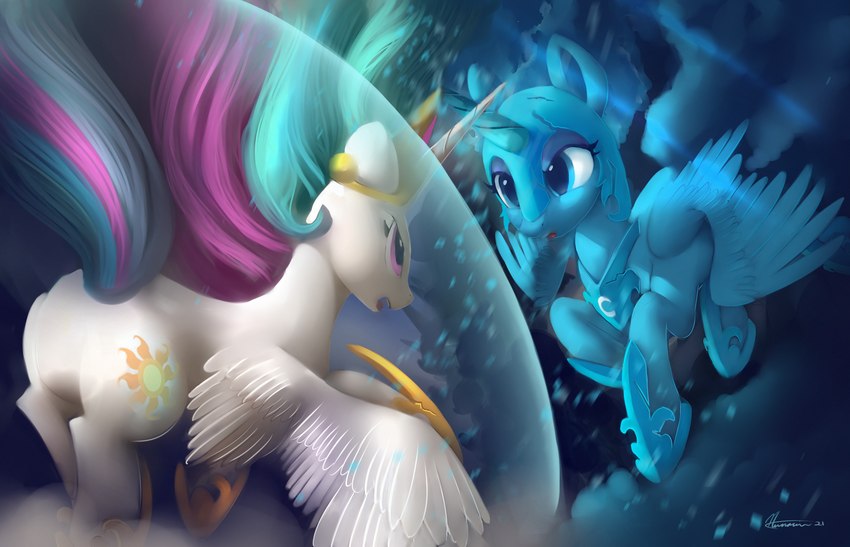 blue_eyes cutie_mark duo feathered_wings feathers horn wings auroriia friendship_is_magic hasbro my_little_pony mythology princess_celestia_(mlp) princess_luna_(mlp) equid equine mammal mythological_creature mythological_equine winged_unicorn 2021 absurd_res digital_media_(artwork) hi_res