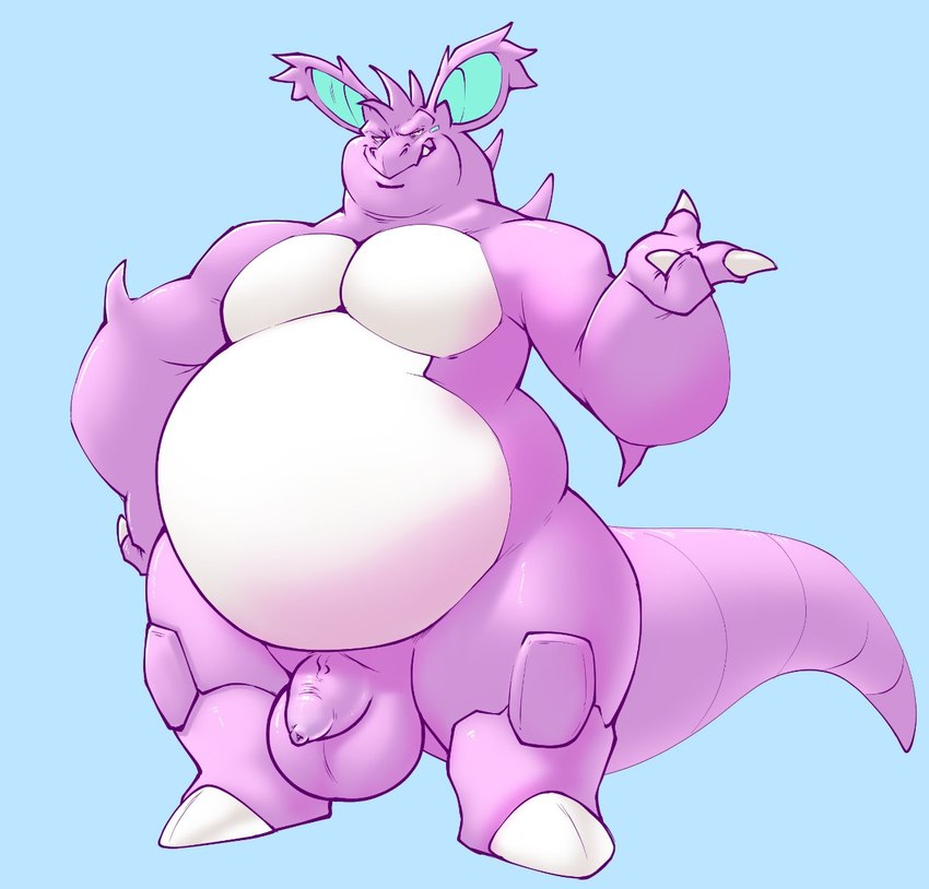 1_toe 3_fingers anthro balls belly big_belly double_chin fingers flaccid foreskin genitals humanoid_genitalia humanoid_penis male nude obese overweight penis purple_body short_legs snaggle_tooth solo standing unretracted_foreskin white_body chibsarts nintendo pokemon nidochi generation_1_pokemon nidoking pokemon_(species) hi_res