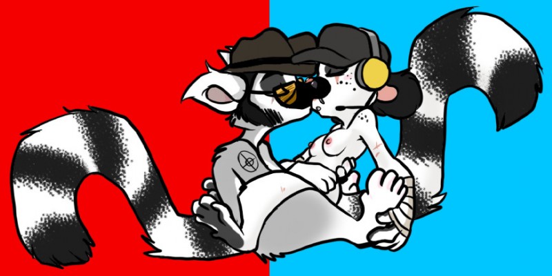 anthro breasts chibi duo female kissing male male/female nipples nude slouch_hat tail zeriara team_fortress team_fortress_2 valve joel_the_lemur scout_(team_fortress_2) sniper_(team_fortress_2) zeriara_(character) lemur mammal primate ring-tailed_lemur strepsirrhine