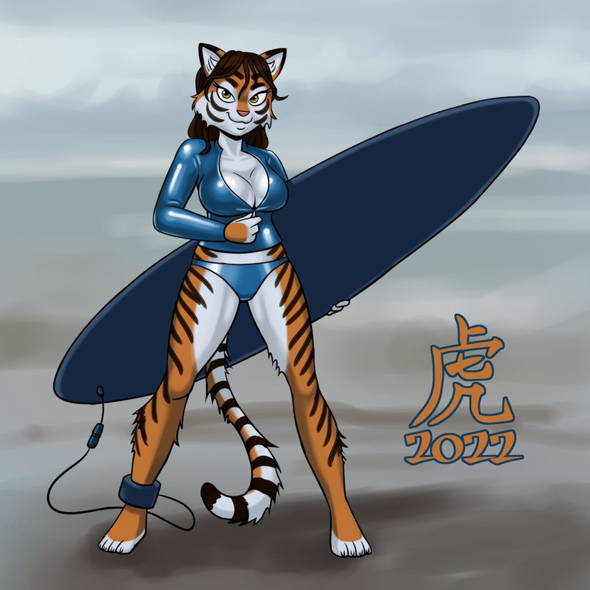 anthro breasts brown_hair cleavage clothed clothing female fur hair orange_body orange_fur smile smiling_at_viewer solo standing striped_body striped_fur stripes surfboard wetsuit white_body white_fur yellow_eyes carelessdoodler chinese_zodiac year_of_the_tiger felid mammal pantherine tiger 1:1 2022