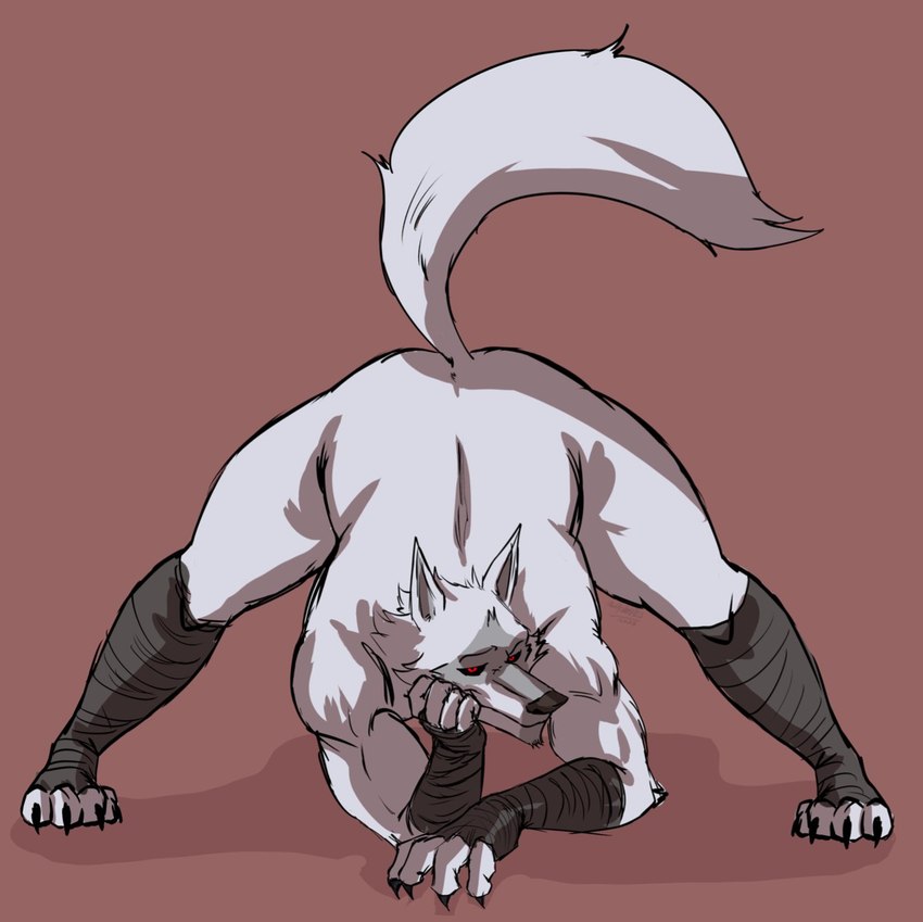 anthro arm_support arm_wrapping arm_wraps ass_up bent_over brown_background cheek_tuft claws digitigrade facial_markings facial_tuft fluffy fluffy_tail fur fuzzy grey_body grey_fur half-closed_eyes hand_wraps head_markings head_on_hand head_tuft leaning_on_elbow leg_wrap leg_wraps looking_at_viewer male markings mask_(marking) narrowed_eyes neck_tuft nude pose raised_tail red_background red_eyes seductive simple_background smile smirk solo spread_legs spreading tail tuft wrapped_arms wrapped_legs wraps howdypeepos dreamworks puss_in_boots_(franchise) death_(puss_in_boots) canid canine canis mammal wolf hi_res