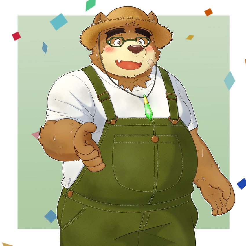 anthro belly blush brown_body brown_fur clothing eyewear fur glasses hat headgear headwear jewelry male necklace overalls overweight overweight_male solo straw_hat yaki_atsuage lifewonders tokyo_afterschool_summoners volos_(tas) bear mammal 1:1 hi_res