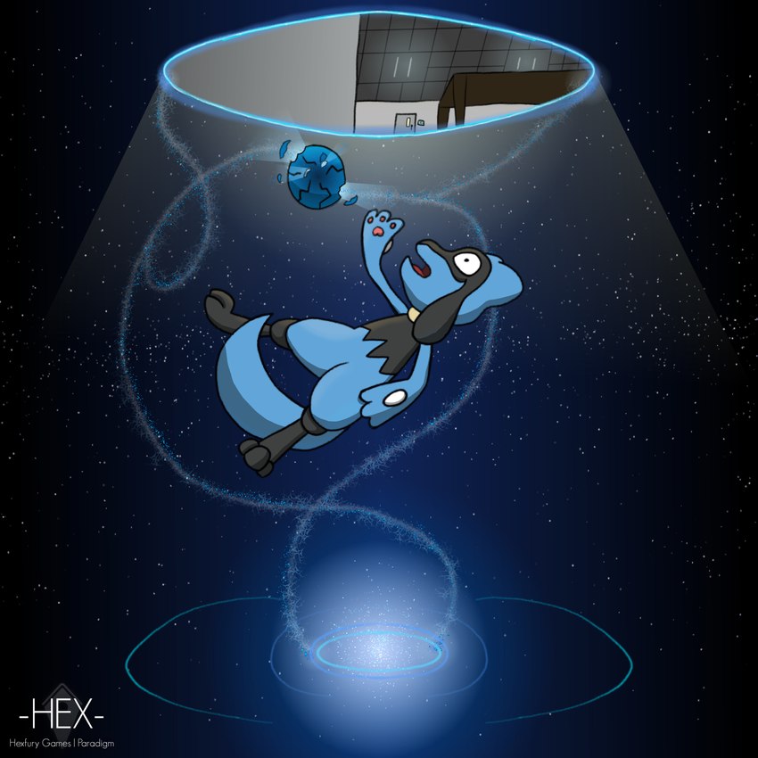 anthro black_body blue_body blue_fur cosmic_background energy fur laboratory light light_beam light_rays male office orb pawpads paws portal science_fiction sky solo space star starry_background starry_sky hexfury nintendo pokemon pokemon_mystery_dungeon spike_chunsoft hex_(hexfury) generation_4_pokemon pokemon_(species) riolu 1:1 hi_res watermark