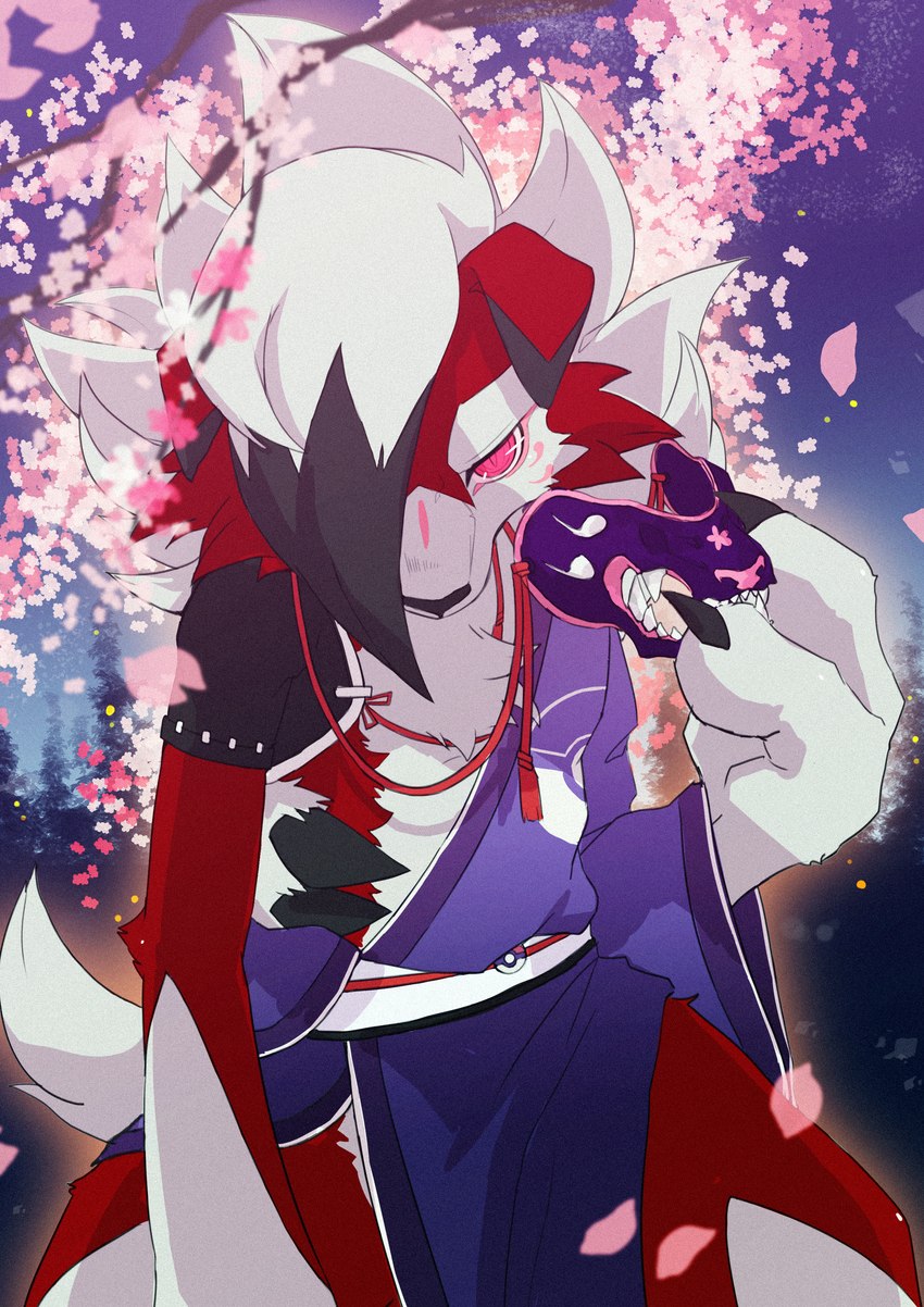 anthro asian_clothing cherry_blossom cherry_tree claws clothing east_asian_clothing finger_claws flower fruit_tree fur japanese_clothing kimono mask noh_mask oni_mask plant prunus_(flower) red_body red_eyes red_fur ringed_eyes solo tree white_body white_fur ao_gravity nintendo pokemon canid canine generation_7_pokemon lycanroc mammal midnight_lycanroc pokemon_(species) absurd_res hi_res shaded