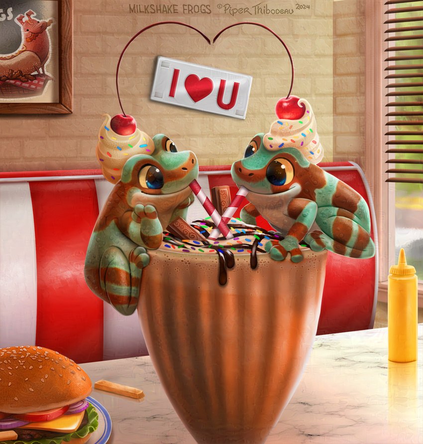 amazing_background ambiguous_gender beverage blinds blue_eyes brown_body burger candy cheese cherry chocolate chocolate_sauce comically_large_object container cup dairy_products dessert detailed_background detailed_food diner drinking_straw duo feral food fruit goblet green_body heart_symbol inside lettuce looking_at_another meat micro milkshake mustard_bottle onion plant restaurant sharing sharing_beverage sharing_milkshake smile sprinkles text tomato vegetable whipped_cream white_body window yellow_eyes piper_thibodeau amazon_milk_frog amphibian frog tree_frog 2024 detailed digital_media_(artwork) digital_painting_(artwork)