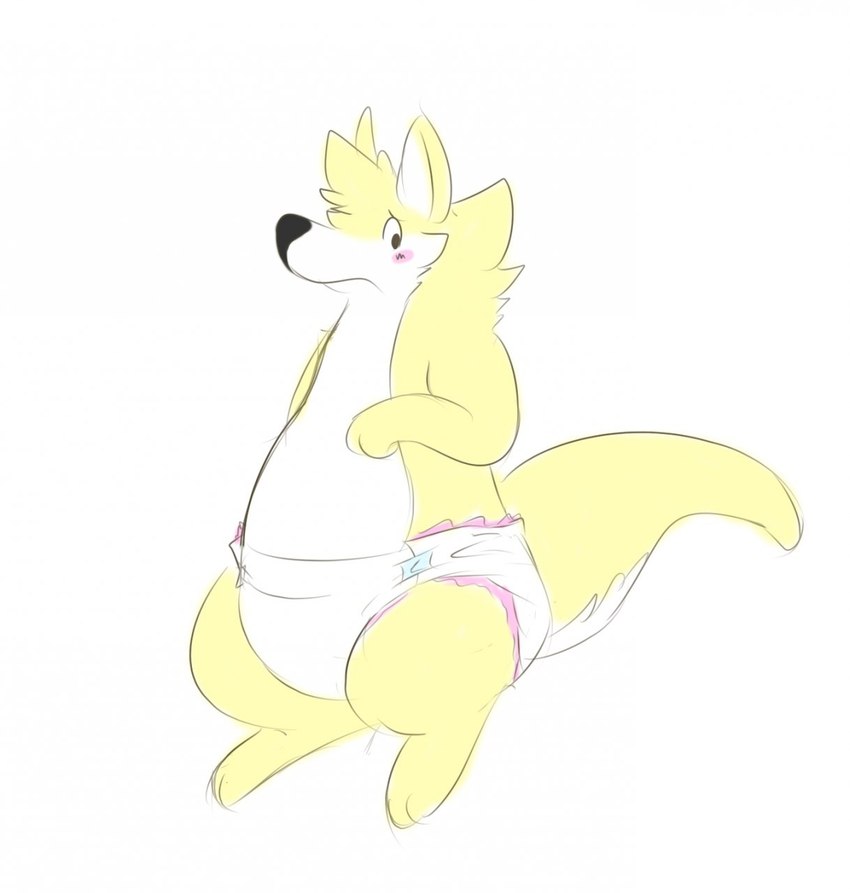 anthro blush clean_diaper clothed clothing diaper embarrassed frown fur male paws semi-anthro shy simple_background solo standing tail wearing_diaper white_background white_body white_fur yellow_body yellow_fur fang29 fang29_(character) canid canine canis domestic_dog hybrid kangaroo macropod mammal marsupial 2014 hi_res