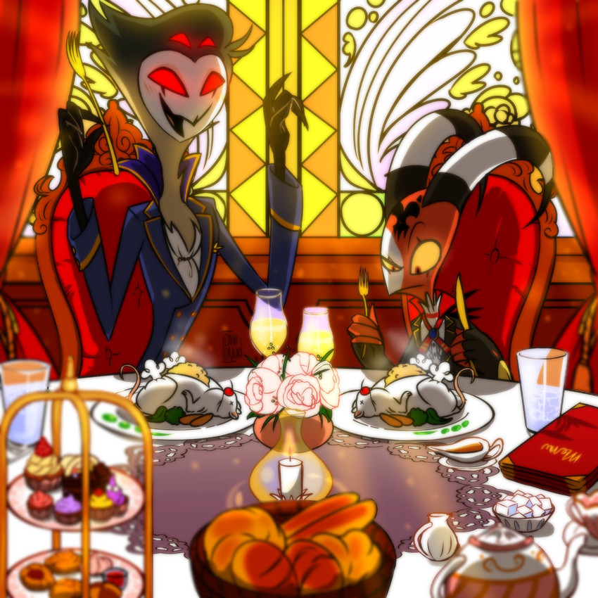 4_eyes anthro back_spikes cake candle clothed clothing cooked_food cutlery dessert duo flower food fork furniture glass kitchen_utensils knife male menu multi_eye open_mouth open_smile plant red_eyes smile spikes spikes_(anatomy) table tools water danidrawsandstuff helluva_boss blitzo_(helluva_boss) stolas_(helluva_boss) avian bird demon imp mammal mouse murid murine owl rodent 1:1 hi_res