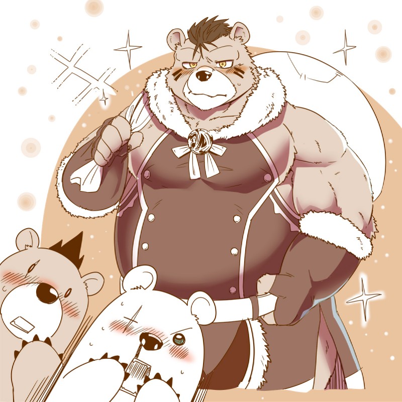 anthro blush brown_body brown_fur clothed clothing facial_scar fur group holidays humanoid_hands male overweight overweight_male scar white_body white_fur moku_nameko christmas sdorica crushfang_(sdorica_sunset) dagger_(sdorica_sunset) furygrowl bear mammal polar_bear ursine 1:1 2019 hi_res