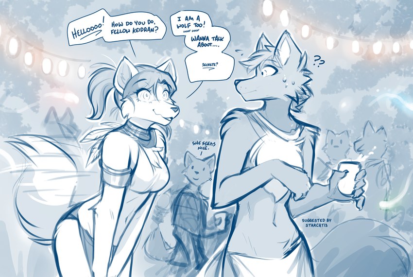 alternate_species anthro arm_tuft armband awkward beverage bodily_fluids bottomwear breasts chest_tuft claws clothed clothed_anthro clothed_female clothed_male clothing container cup dialogue duo_focus exclamation_point eyelashes female female_anthro flying_sweatdrops front_view fully_clothed fully_clothed_anthro fully_clothed_female fully_clothed_male fur group hair holding_object humor infiltrator lamp lantern long_snout looking_at_another makeup male male_anthro mascara mask motion_lines navel night outside party ponytail question_mark shoulder_tuft skimpy smile snout speech_bubble standing string_lights sweat sweatdrop tail tail_motion tailwag text toony_eyes topless topless_anthro topless_male topwear tuft wavy_mouth wavy_smile wearing_mask woof_(sound_effect) conditional_dnp tom_fischbach twokinds canid canine canis keidran mammal wolf 2025 blue_and_white digital_media_(artwork) english_text hi_res monochrome shaded sketch spot_color