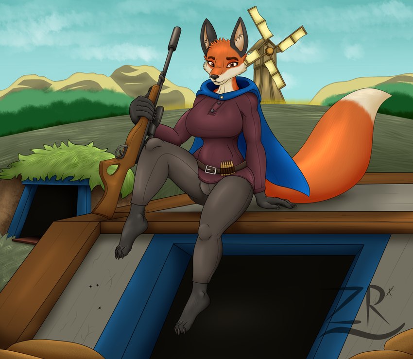 5_fingers anthro barefoot belt belt_buckle buckle bullet cloak clothed clothing dipstick_tail feet female fingers gun looking_at_viewer markings ranged_weapon rifle solo tail tail_markings weapon windmill furryrex_(artist) tooth_and_tail kasha_(tnt) canid canine fox mammal hi_res