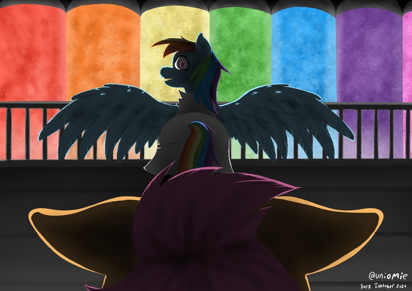 blue_body blue_fur blue_wings clothing coat creepy dark_lighting dress duo evil_face factory feathered_wings feathers female fur lab_coat mane multicolored_mane multicolored_tail orange_body orange_fur rainbow rainbow_mane rainbow_tail scared tail topwear white_clothing white_dress wings uniomie creepypasta friendship_is_magic hasbro inktober my_little_pony mythology rainbow_factory_(mlp_fanfic) rainbow_dash_(mlp) scootaloo_(mlp) equid equine horse mammal mythological_creature mythological_equine pegasus pony 2024 absurd_res colored digital_drawing_(artwork) digital_media_(artwork) english_description hi_res