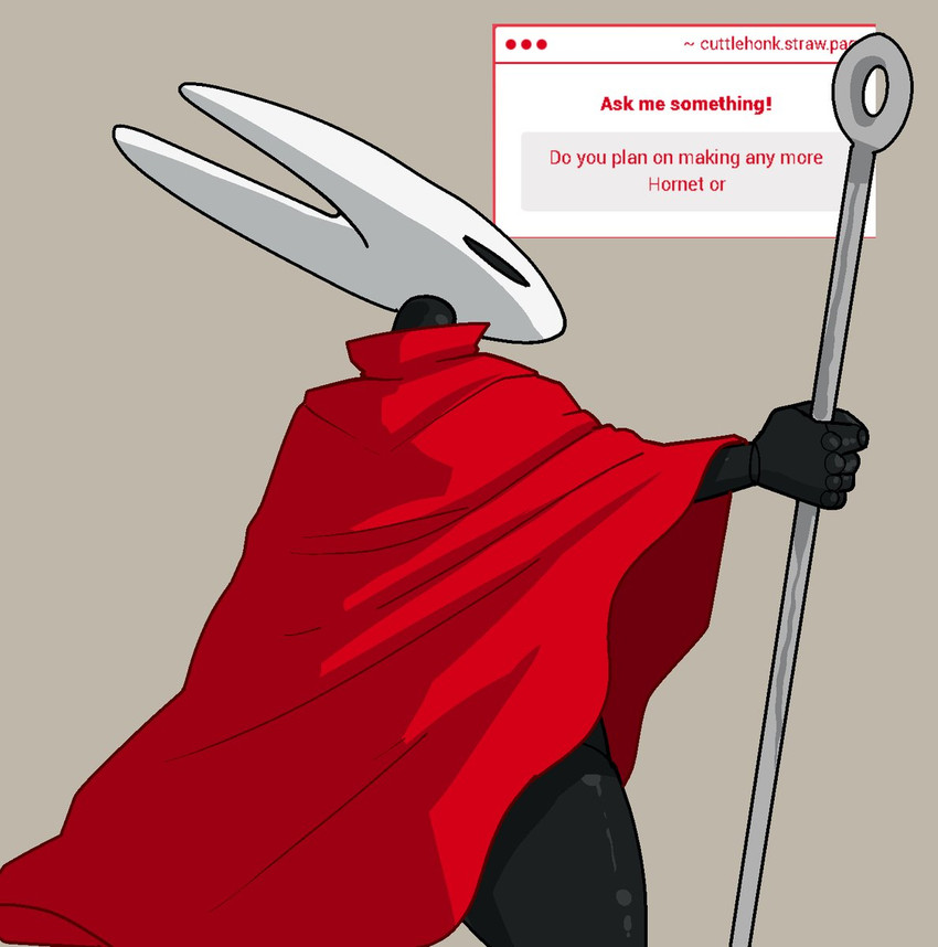 anthro black_body black_eyes cloak cloak_only clothing empty_eyes female grey_background holding_object holding_weapon rear_view red_cloak red_clothing simple_background solo thick_thighs weapon white_body wide_hips cuttlehonk hollow_knight_(franchise) team_cherry hornet_(hollow_knight) arthropod insect hi_res