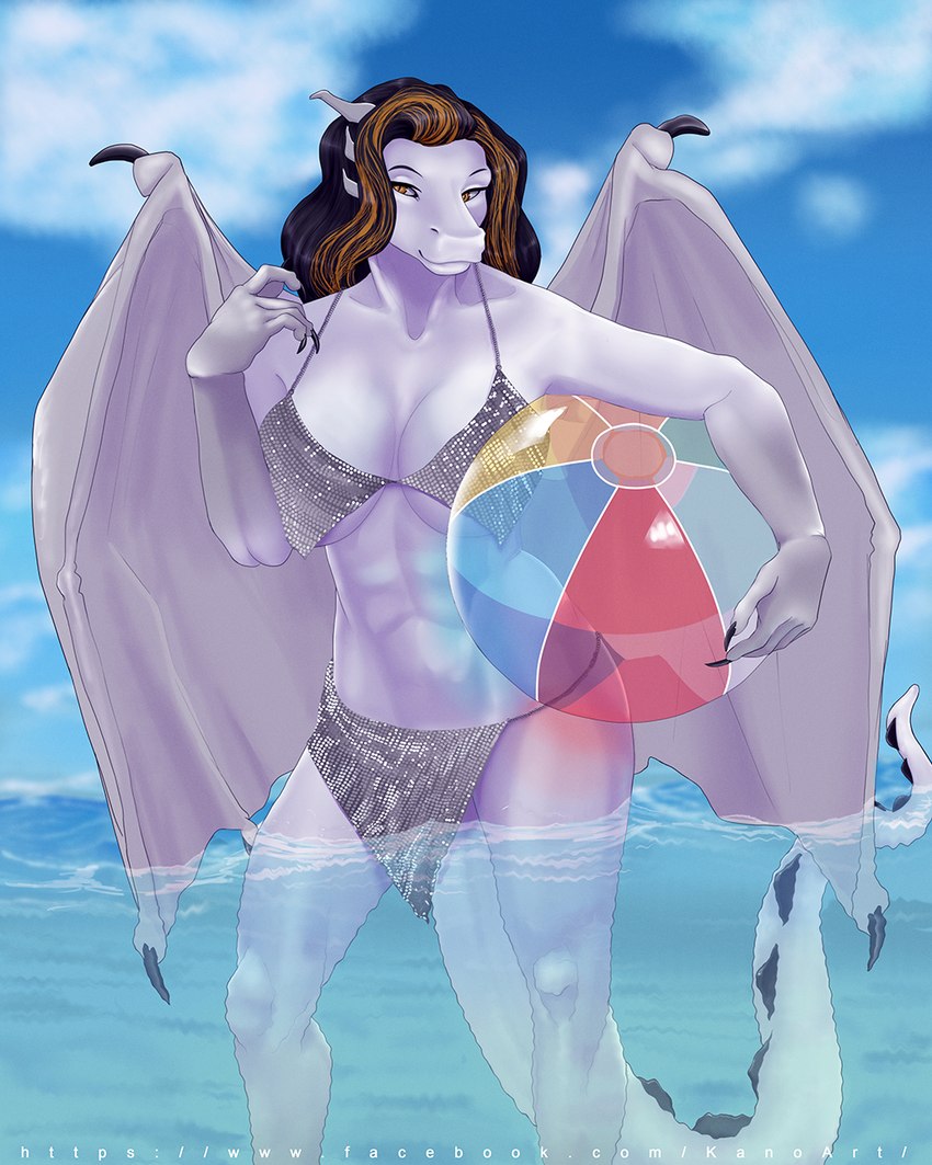 anthro ball beach beach_ball bikini black_hair blonde_hair breasts by-kanou clothing curvy_figure female hair inflatable sea seaside seductive sequins solo swimwear tail two-piece_swimsuit water wide_hips yellow_eyes kanou mythology alysha_silverwing dragon mythological_creature mythological_scalie scalie 4:5 digital_media_(artwork) hi_res shaded