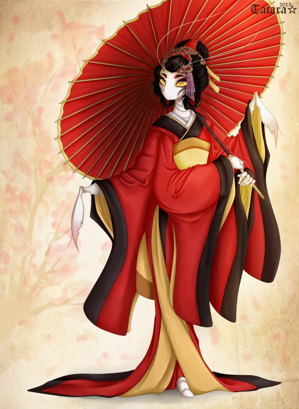 accessory amber_eyes antennae_(anatomy) anthro asian_clothing biped black_hair clothed clothing east_asian_clothing female geisha hair hair_accessory holding_object holding_umbrella japanese_clothing kanzashi kimono long_hair makeup multi_arm multi_limb nihongami obi solo standing umbrella white_body white_skin tatara94 nae arthropod insect 2015 absurd_res digital_media_(artwork) full-length_portrait hi_res portrait