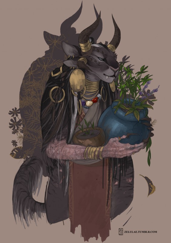4_ears anthro burn claws clothed clothing fangs female flat_chested fluffy fluffy_tail fur hair holding_object horn jewelry multi_ear piercing plant plant_pot potted_plant pottery robe simple_background solo tail teeth text zelulae_(artist) guild_wars charr felid mammal digital_media_(artwork) hi_res url