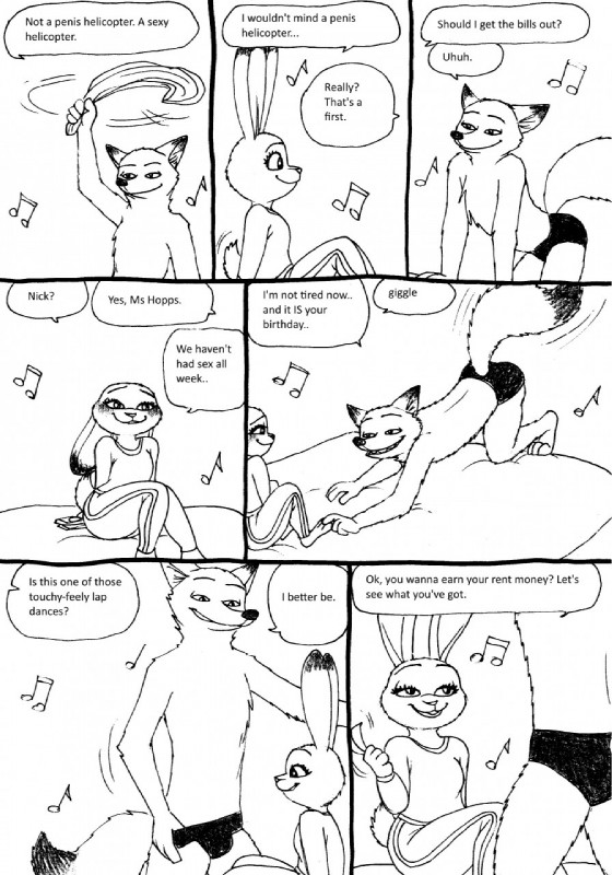 anthro clothing clothing_pull dancing dialogue duo flirting fur male music musical_note musical_symbol panties panty_pull romantic romantic_couple simple_background smile spandex speech_bubble striptease symbol text tight_clothing underwear underwear_pull white_background bernielover disney zootopia nick_wilde canid canine fox lagomorph leporid mammal rabbit red_fox true_fox comic english_text hi_res monochrome